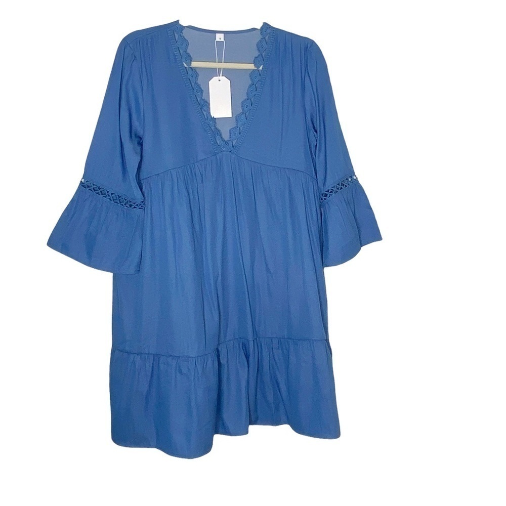 DARK blue V neck shift dress. Bell sleeves with crotchet details. Size S